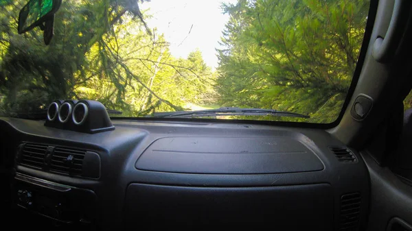 Utsikt från bilfönstret till bergen och skogen. Offroa — Stockfoto