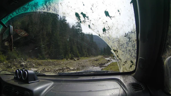 Araba penceresinden dağlara ve ormana bak. Offroa