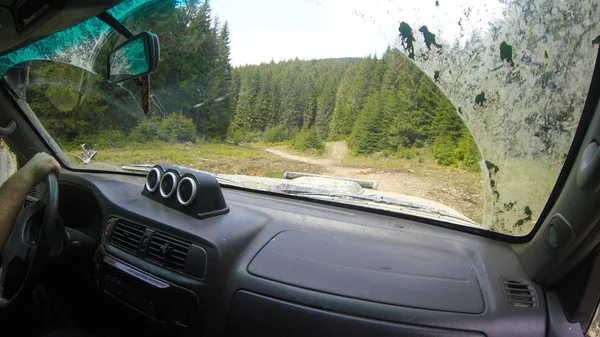 Araba penceresinden dağlara ve ormana bak. Offroa