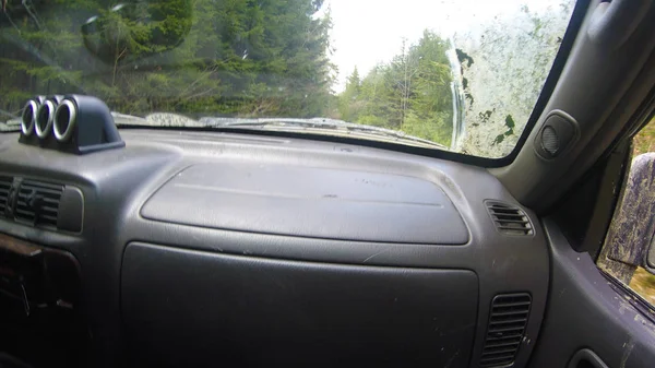 Araba penceresinden dağlara ve ormana bak. Offroa