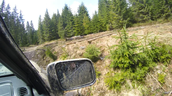 Araba penceresinden dağlara ve ormana bak. Offroa