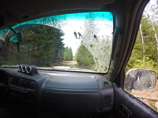 Araba penceresinden dağlara ve ormana bak. Offroa