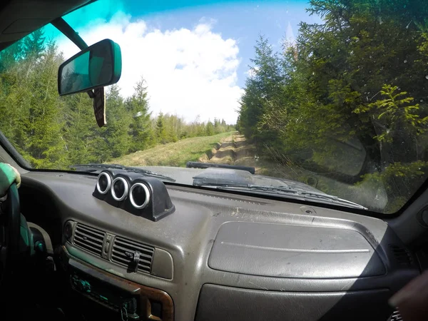 Araba penceresinden dağlara ve ormana bak. Offroa