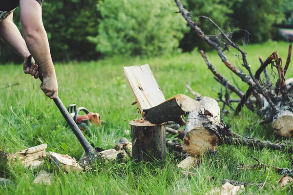 El tipo está cortando un viejo árbol en las montañas con un hacha. Ukra. — Foto de Stock