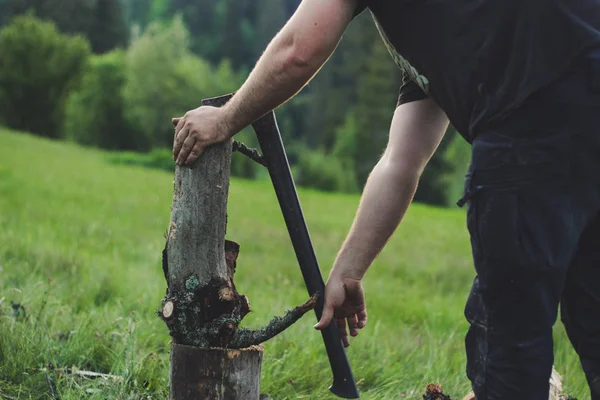 El tipo está cortando un viejo árbol en las montañas con un hacha. Ukra. — Foto de Stock
