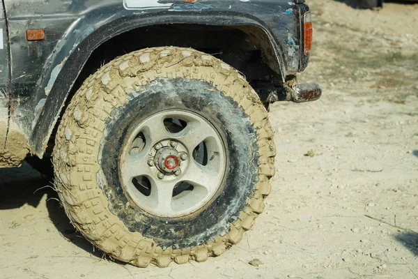 Rodas de carros sujos fora de estrada. Borracha de pântano. Jeep no pântano. Tria... — Fotografia de Stock