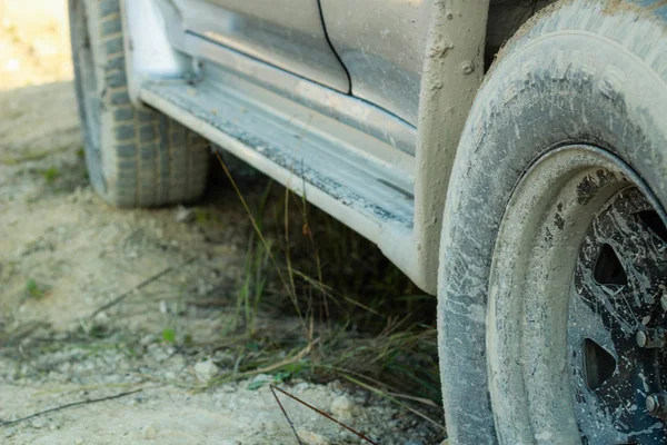Off-Road smutsiga bil hjul. Träsk gummi. Jeep i träsket. Tria — Stockfoto