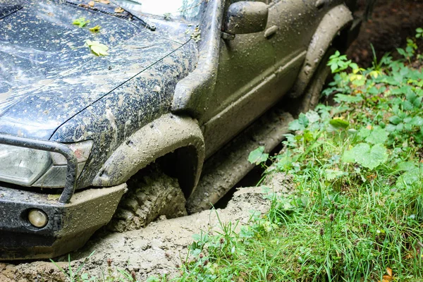 Auto fuoristrada nella palude in montagna. Carpazi. Ruote — Foto Stock