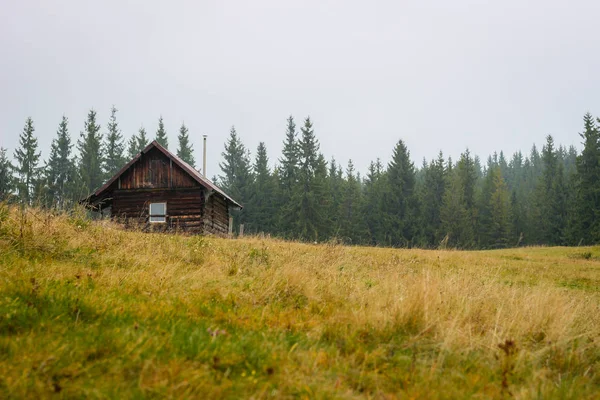 Ancienne maison dans les montagnes. Du brouillard. À l'aube. Pré de montagne de Gicha. Ca. — Photo