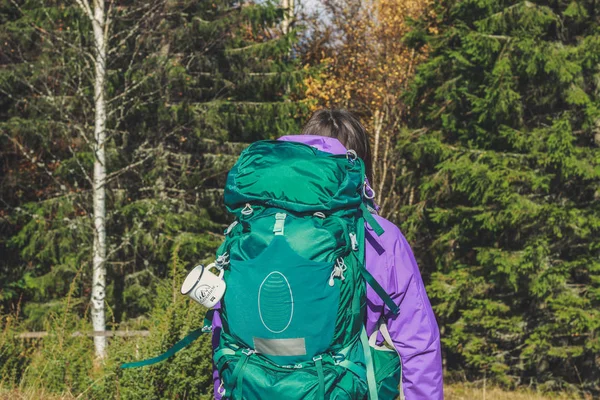 Miúda e homem caminhantes nas montanhas. Mochilas de viagem e roupas . — Fotografia de Stock