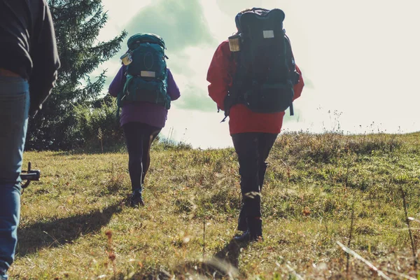 Girl and man hikers in mountains. Travel backpacks and clothing.