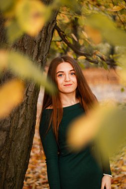 Sonbahar kızı portreleri. Zümrüt elbise. Sarı yapraklar ve ağaçlar. P