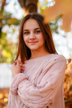 Sonbahar kızı portreleri. Gün batımı. Pembe örülü süveter. Sarı yapraklı