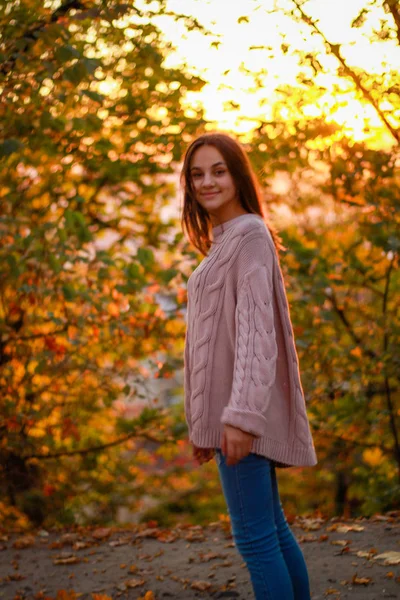 Portraits de fille d'automne. Coucher de soleil. Pull en maille rose. Feuille jaune — Photo