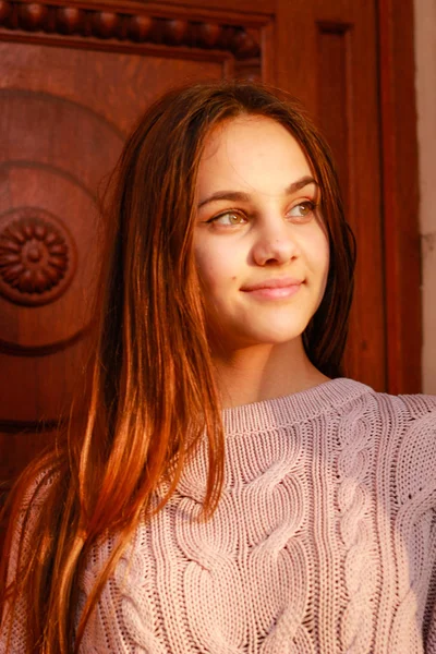秋天的女孩的肖像。 日落了 粉色针织毛衣。 黄叶 — 图库照片