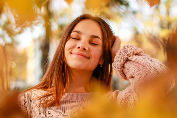 Herfst meisje portretten. Zonsondergang. Roze gebreide trui. Geel blad — Stockfoto