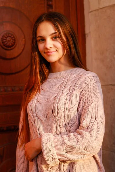 秋天的女孩的肖像。 日落了 粉色针织毛衣。 黄叶 — 图库照片