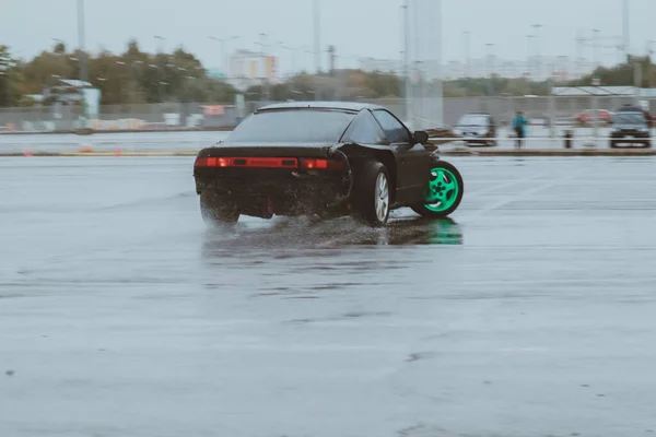 Cars Drifting Old Parking Lot Rain Drift Gray Photo Processing — Stock Photo, Image