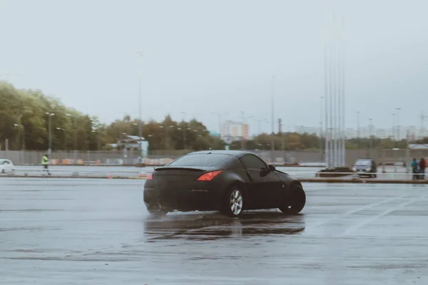 Cars Drifting Old Parking Lot Rain Drift Gray Photo Processing — Stock Photo, Image