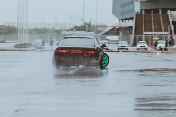 Cars Drifting Old Parking Lot Rain Drift Gray Photo Processing — Stock Photo, Image