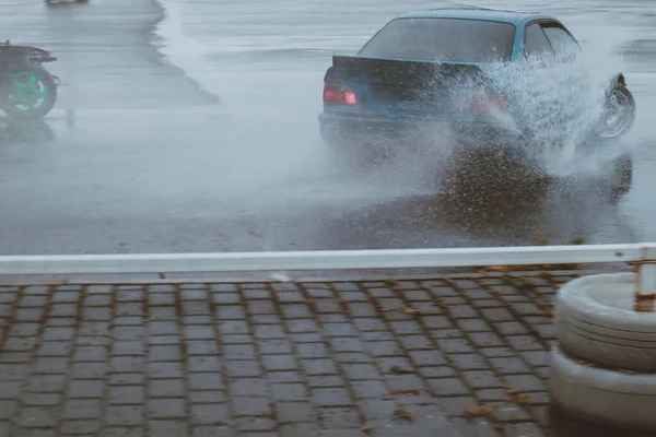 Cars Drifting Old Parking Lot Rain Drift Gray Photo Processing — Stock Photo, Image