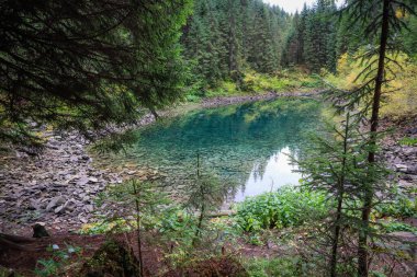Ukrayna 'nın Karpat Dağları' ndaki Rosohan gölleri. Dağlardaki doğal turkuaz göl. Temiz su. Doğaya bakış