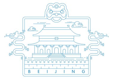 Pekin simgeleri veya sembolleri en az doğrusal vektör çizimi ve tipografi tasarımı, Çin