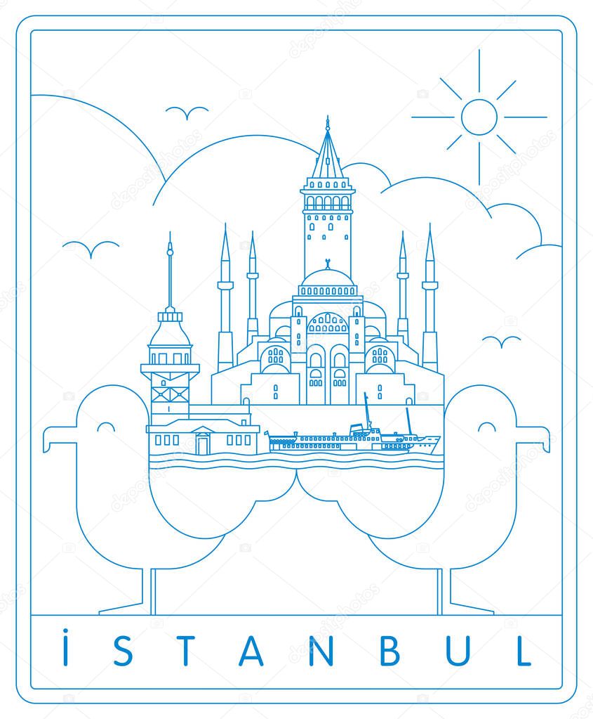 istanbul and seagull vector illustration and typography design, Turkey