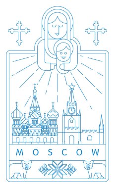 Saint Basil Katedrali ve Moskova 'nın Spasskaya Kulesi veya Kremlin Saat Çanları, vektör illüstrasyon ve tipografi tasarımı, Kremlin, Moskova, Rusya   