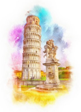 Pisa Kulesi veya Eğik Kule ve çeşme suluboya çizimi, Toskana, İtalya