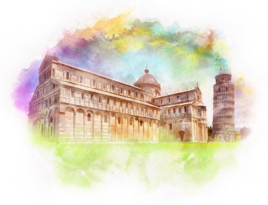 Pisa Katedrali ve Pisa Kulesi veya Eğik Kule, suluboya illüstrasyon, Toskana, İtalya