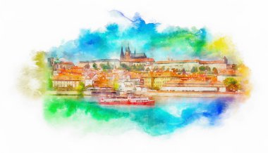 Prag Şatosu ve Vltava Nehri ile St. Vitus Katedrali, suluboya illüstrasyon, Prag, Çek
