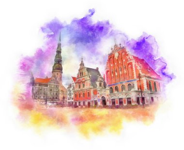 St. Peter Kilisesi ve Siyahların Evi suluboya resimler, Riga, Letonya