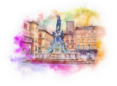 Neptün Çeşmesi veya Fontana del Nettuno suluboya çizimi, Bolonya, İtalya