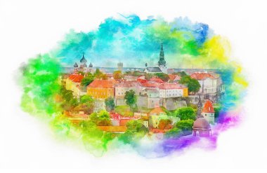 Tallin veya Tallinn görünümlü suluboya illüstrasyon, Estonya
