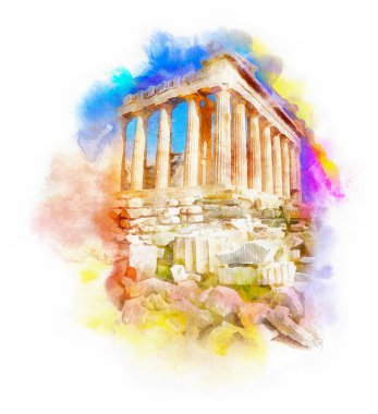 Akropolis 'teki Parthenon, suluboya resimleme, Atina ve Yunanistan