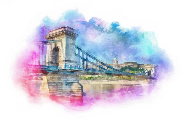 Jembatan Rantai Dan Istana Buda Ilustrasi Cat Air Budapest Hungaria — Stok Foto