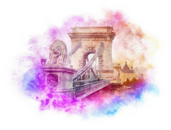 Ponte Cadeia Aquarela Ilustração Budapeste Hungria — Fotografia de Stock