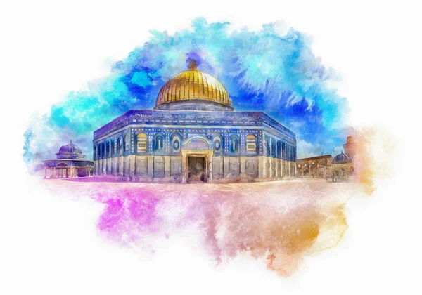Kubbet Sahra Skalní Dóm Chrámové Hoře Akvarel Ilustrace Jeruzalém — Stock fotografie