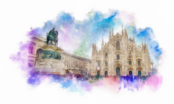 Duomo di Milano watercolor illustration, Milano or Milan, italy