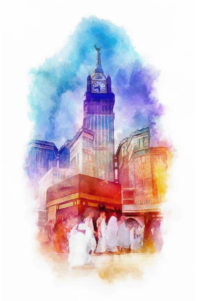 Kaaba Watercolor Illustration Mecca Saudia Arabia — Stock Photo, Image