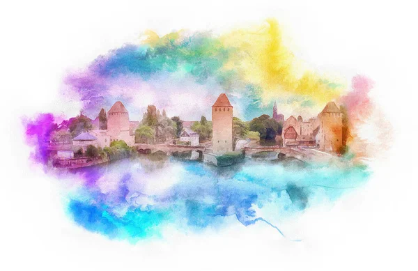 Illustration Aquarelle Les Ponts Couverts Strasbourg France — Photo