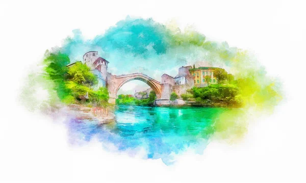 Mostar Bro Akvarell Illustration Bosnien Och Hercegovina — Stockfoto