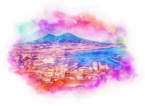 ナポリ市とヴェスヴィオ山水彩画 ナポリ イタリア — ストック写真