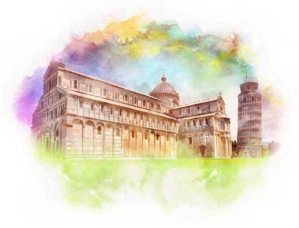 Pisa Cathedral Pisa Tower Leaning Tower Watercolor Illustration Tuscany Italy — Stock Photo, Image