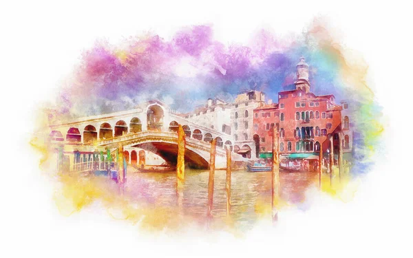 Γέφυρα Ριάλτο Ponte Rialto Υδατογραφία Illustration Βενετία Ιταλία — Φωτογραφία Αρχείου