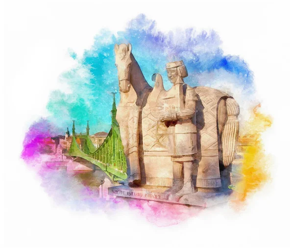 Estátua Santo Estêvão Ilustração Aquarela Ponte Liberdade Budapeste Hungria — Fotografia de Stock