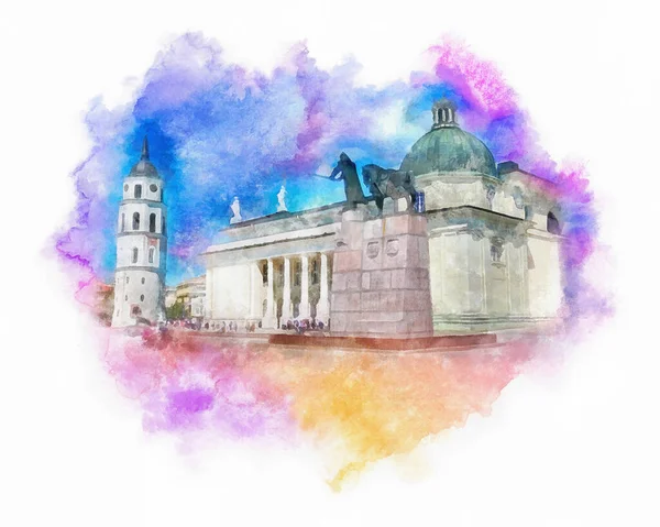 Catedral Vilna Ilustración Acuarela Del Campanario Vilna Lituania —  Fotos de Stock