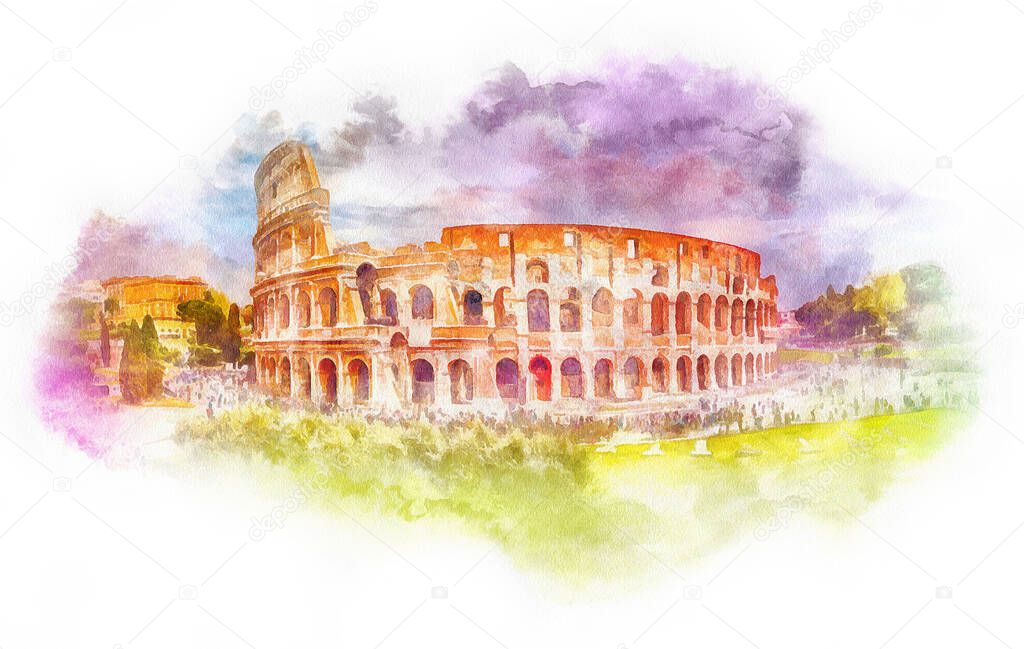 Colosseum watercolor illustration, Rome, Italy