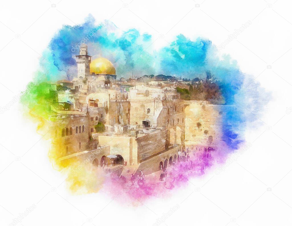Dome of Rock and Western wall, watercolor illustration, Jerusalem